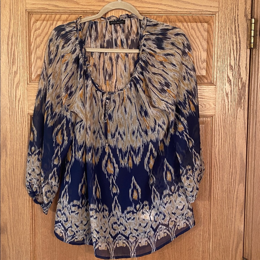 Willi Smith Blue and Gold Patterned Blouse with attached navy liner